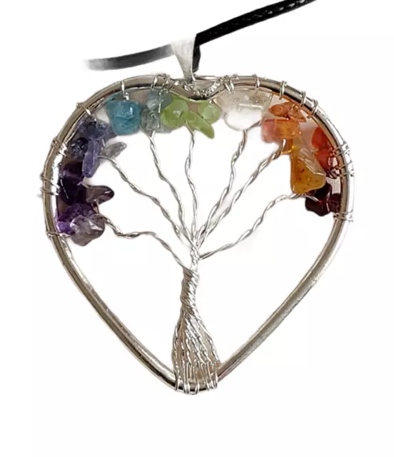 7 Chakra Genuine Gemstone Heart Tree of Life Circle Pendant Healing Necklace