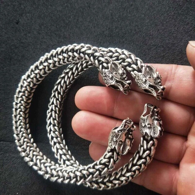 Chinese old Tibet Silver dragon head bracelet LQ48