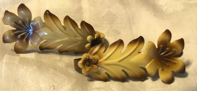 Vintage  Drapery Curtain Pull Back Ties  Embossed Metal Yellow Brown Leaf Floral