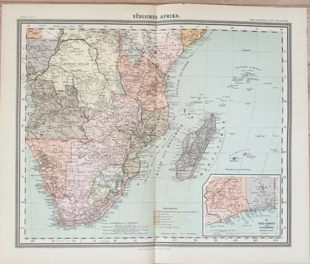 Landkarte map 1892: Südliches Afrika. Africa Guinea Südafrika Kongo Togo