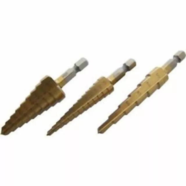 3pc Large Cone High Speed Steel Step Hole Cutting Drill Bit Set & Tool DIY
