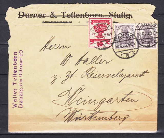 Danzig 1920,DR Mi 2x101,107 auf brief stempel Danzig 26-6-20,vorläufer(D3614)