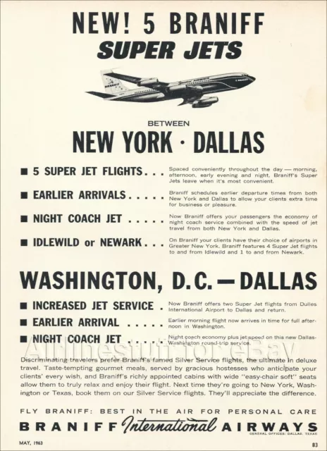 1963 BRANIFF INTERNATIONAL ad BOEING 707 SUPER JETS airlines airways advert