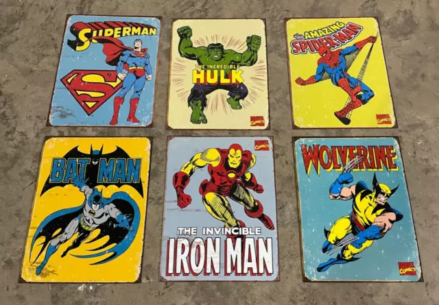 Lot of (6) DC/Marvel Tin Sign Metal USA Batman/Superman/Iron Man/Spiderman/Hulk