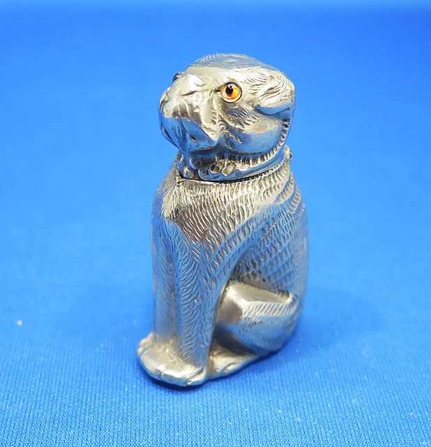 Match safe, figural seated mastiff dog with glass eyes, nickel plated, c. 1895