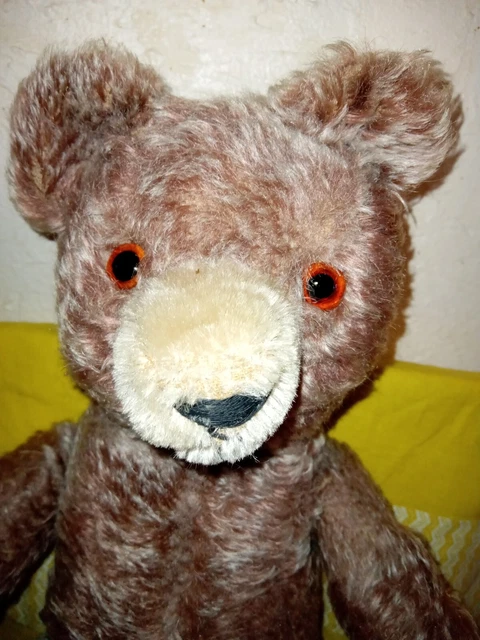 Ours En Peluche Ancien Paille Articulé - Yeux En Verre, 45 Cm, Vintage France