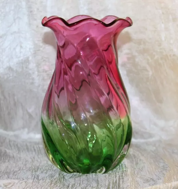 Teleflora Hand Blown Art Glass Swirl Vase Watermelon Green Cranberry Pink 7.75"