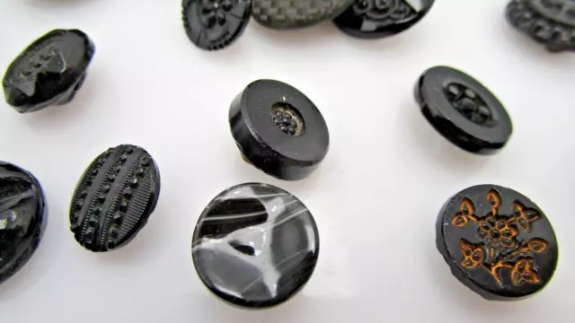 Vintage Glass Black Molded Assorted Art Deco, Floral Buttons set of 48 3