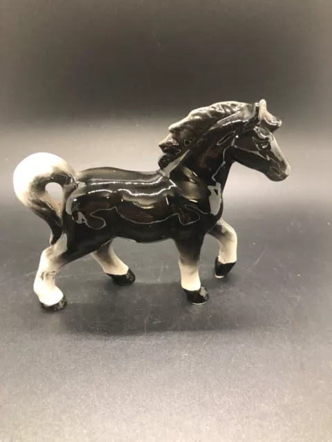 Porcelain Ceramic Black Horse Pony With White Markings Figurine