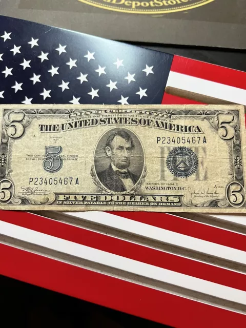 1934 C $5 Five Dollar Silver Certificate Blue Seal Nice Note P23405467A