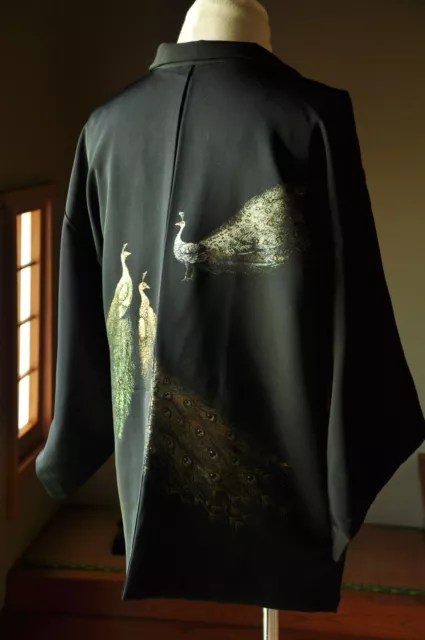 Vintage Japanese Kimono Haori Jacket Silk Lovebirds Peacock Embroidery Black