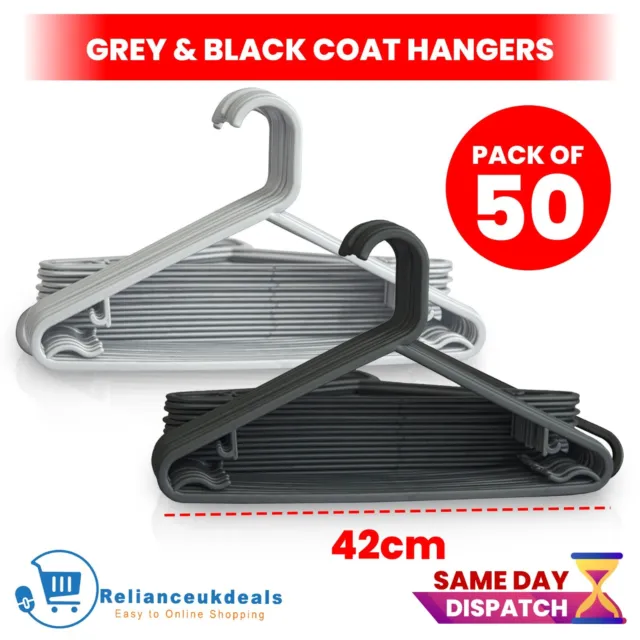 50 x Adult Black Coat Hangers Heavyduty Plastic Grey Coat Hanger Clothes Trouser