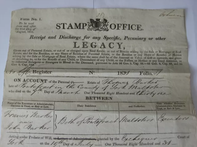 Legal Document - Stamp Office - Receipt and discharge of Legacy - 26 July, 1831 2