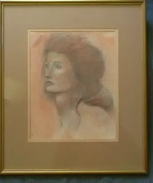 Vintage Portrait Charcoal Pastel Drawing Woman Framed Under Glass 1970s Original