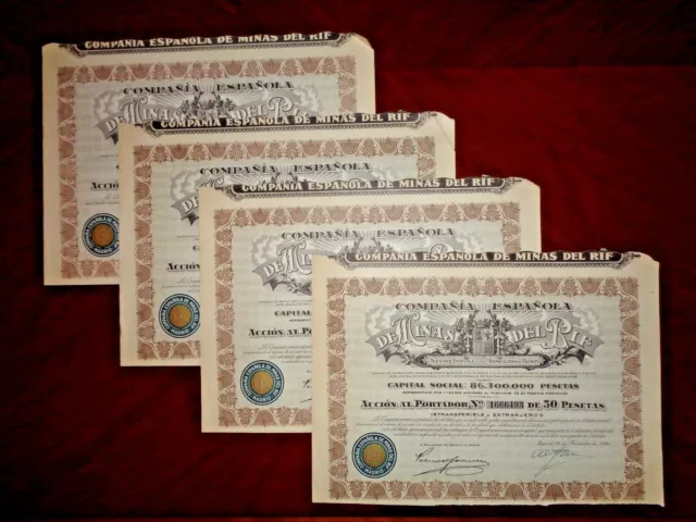 Minas del Rif,Share certificate 1946  Spain    VG+  x 4