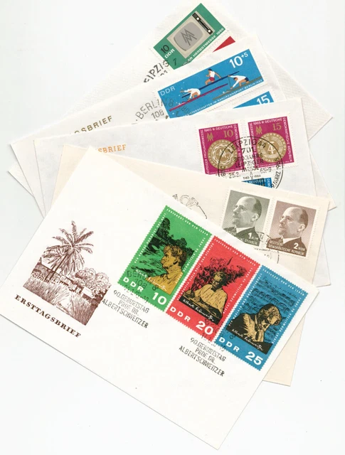 DDR, 1965/66: 5 FDC: A. Schweitzer, Ulbricht MDN, Frühjahrs/Herbsmesse, Kanu-WM