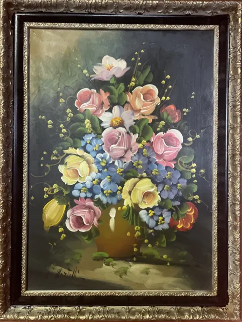 quadro vecchio dipinto a olio su tela vintage natura morta fiori con cornice oro