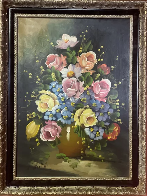quadro vecchio dipinto a olio su tela vintage natura morta fiori con cornice oro