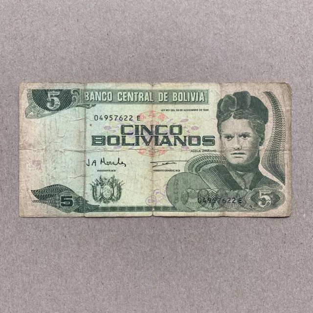 REPUBLIC of BOLIVIA 1986 CINCO BOLIVIANOS Banknote Bolivian Currency Paper Money