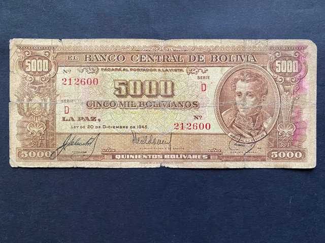 BOLIVIA, 1945, Billete Banco Central de Bolivia, 5000 BOLIVIANOS, Serie D, CIRC