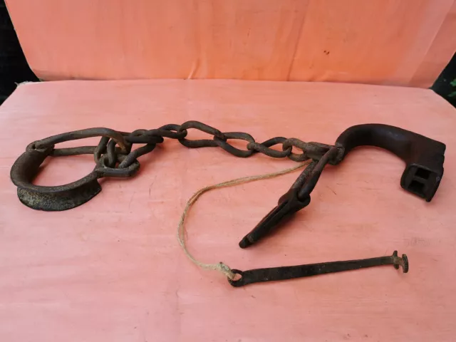 Old Antique Primitive Double Wrought Iron Shackles Chain Farm Tool With Key Very