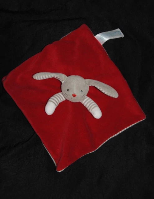 Doudou plat lapin rouge OKAIDI OBAIBI dessous rayé gris blanc TTBE 2