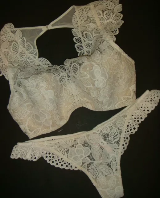 Nwt Victoria's Secret 34DD Bh Set M Tanga Kokosnuss Weiß Bestickt Spitze Braut