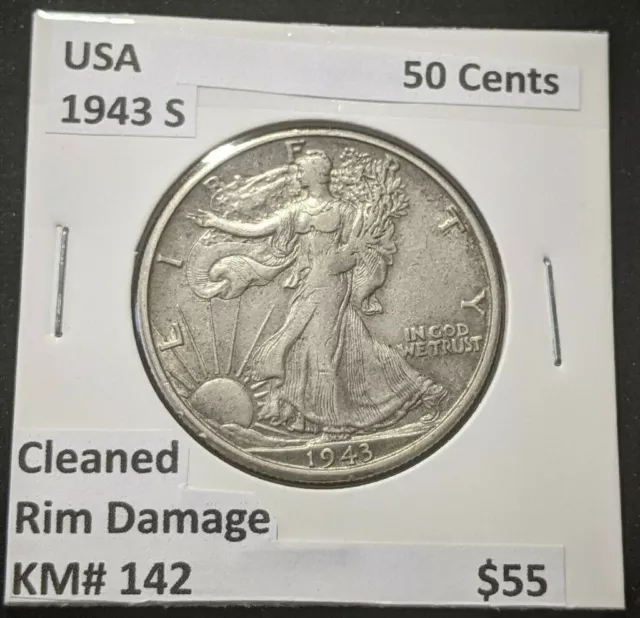 USA 1943 S Half Dollar 50 Cents  KM# 142 Cleaned Rim Damage #068       11A