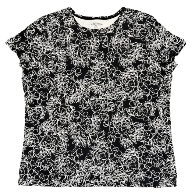 Croft and Barrow Womens T Shirt Top Floral Stretchy Short Sleeve Black White XL