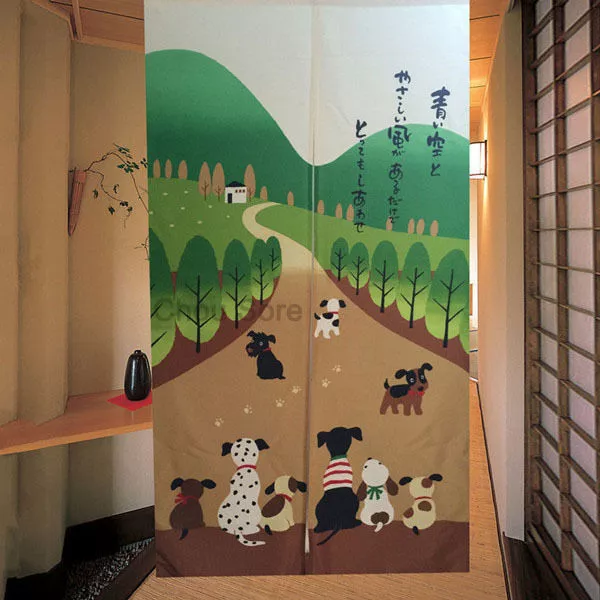 Japanese Noren Door Curtain Corridor Tapestry Happy Dog and Tree Doorway Curtain