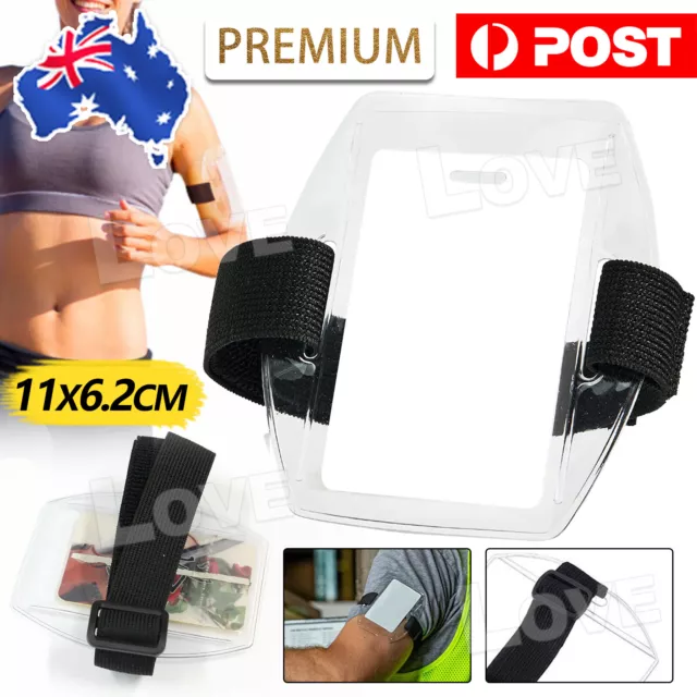 Vertical Armband Security ID Card Photo Badge Holder Clear + Black Elastic Strap