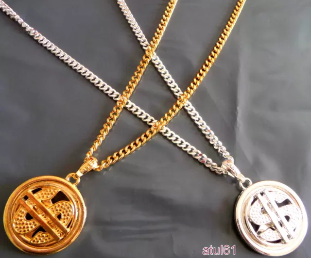 Gold,Silver Ton,Dollar Medallion Necklace Chain Hip Hop Bling Rapper Gangster