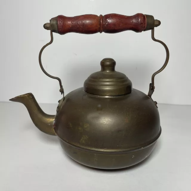 Vintage Brass Plated Tea Pot Kettle With Lid & Wood Handle 6.75” Tall