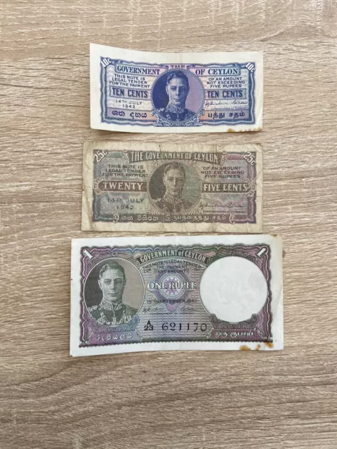 1942 Government Of Ceylon Bank Notes 10 Cents, 25 Cents, 1 Rupee