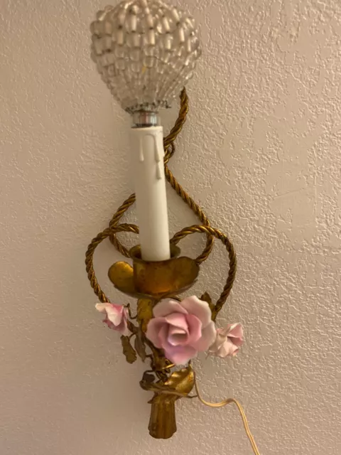 VTG ITALIAN TOLE GILT metal Sconce LAMP LIGHT Porcelain PINK Rose & BEADED cover