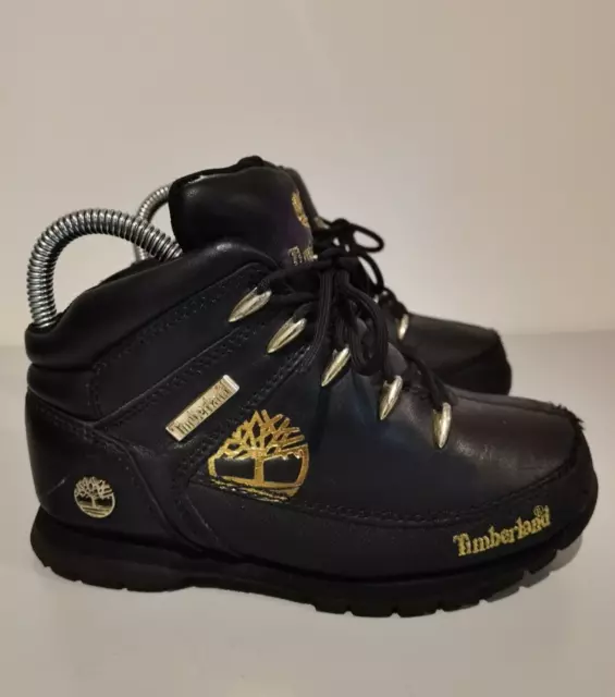 Boys Timberland Leather Euro Sprint Winter Boots Black & Gold Size UK 2