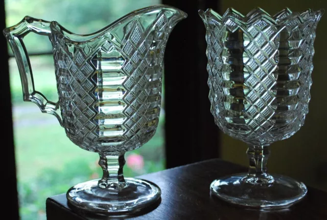 LG Antique Sugar & Creamer Set GILLINDER Diamond File EAPG Pressed Glass c1870s