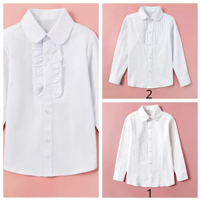 Ragazze Cotone Camicia Increspato con Bottoni Camicetta Uniforme Stile Preppy