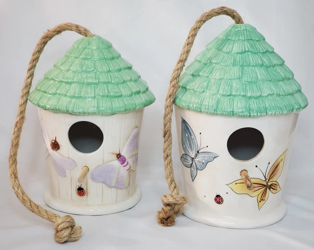 Hand painted Ceramic Birdhouse Set Of 2 Noho Studios Birds & Butterflies 8 X 5”