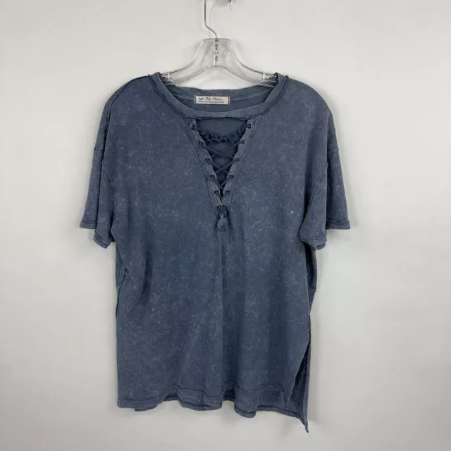 Free People Womens We the Free Blue Grey T Shirt Lace Up V-Neck Distresses sz M