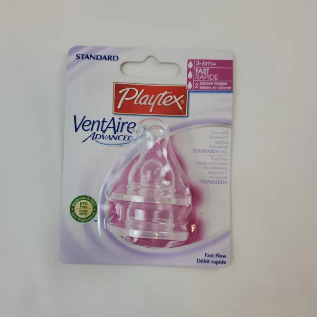 PLAYTEX VentAire Standard Fast Flow Silicone Nipples 3-6 M+ 2 Rapide Flow Nipple