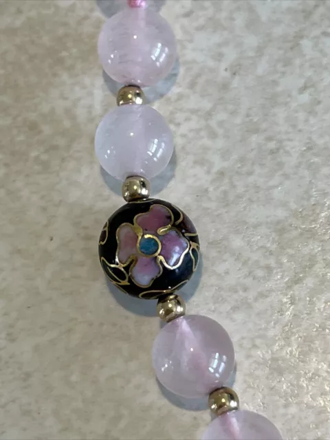 Old Chinese Export Hand Knotted 8mm Pink Rose Quartz Cloisonne Bead Necklace 16"