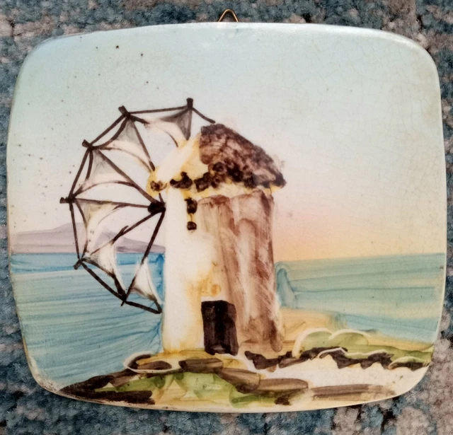 Vtg Handpainted Ceramic Tile Windmill Wall Hanging EYEKEYAEIAI Ocean Sea Blue