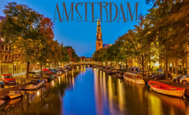 5889.Amsterdam.city.dusk.river.tower.boats.cars.POSTER.Decoration.Graphic