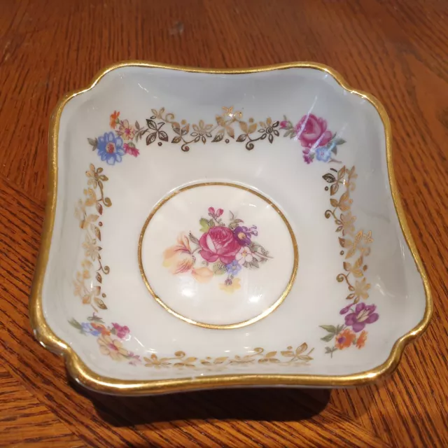 Porcelain Trinket Dish White gold Square Crown PM Martinroda Floral Rose German