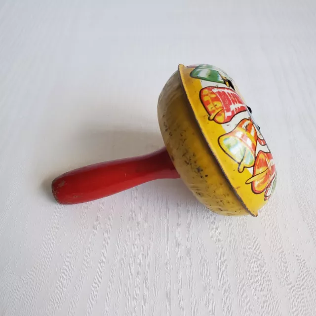 Vintage Noisemaker Happy New Year T. COHN Tin Litho Wooden Red Handle Bells Toy