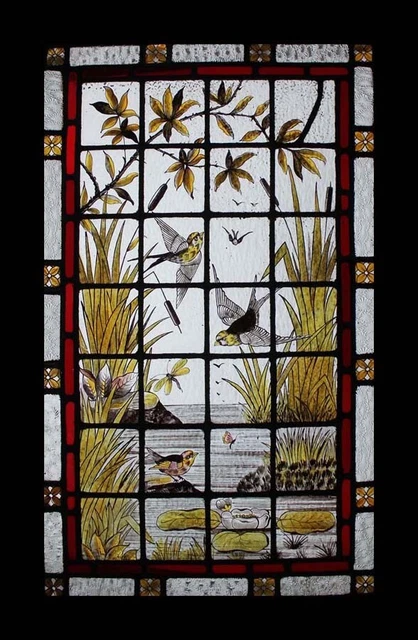 Rare Beautiful Painted Birds On The Pond Antique English Stained Glass Window