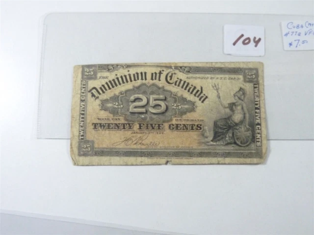 CANADA BANKNOTE SHINPLASTER 1900  25 cent SIGNATURE BOVILLE NO104