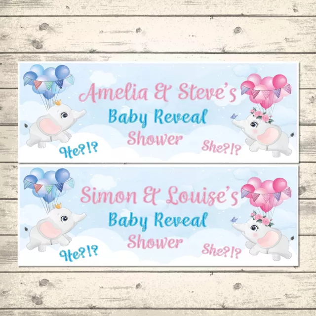 2 PERSONALISED FLYING ELEPHANT GENDER REVEAL BANNERS - BOY OR GIRL?  800 x 297mm