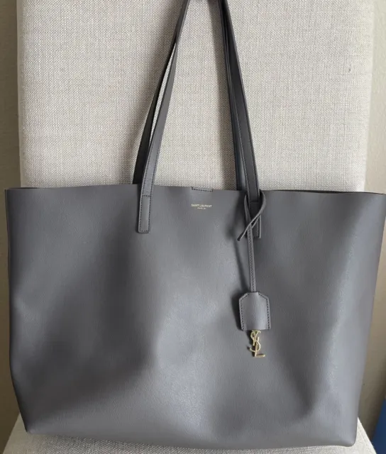 Saint Laurent YSL Storm Gray Supple Leather East West Shopping Tote Bag Handbag